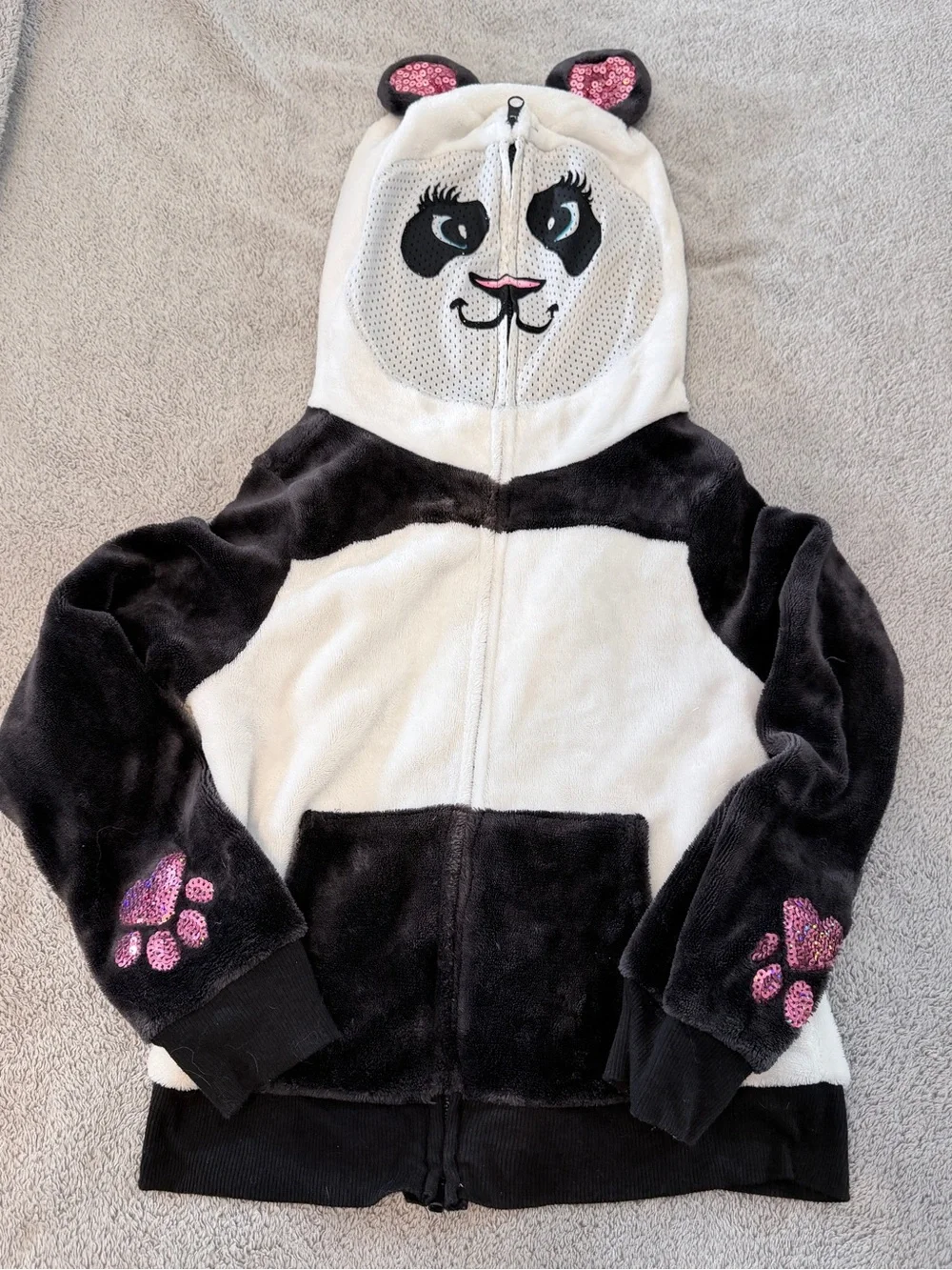 Justice black & white panda zip up hoodie girls 10 pink sequin paws